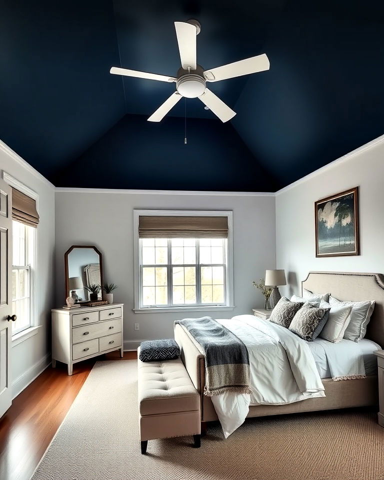 blue ceiling with neutral walls bedroom