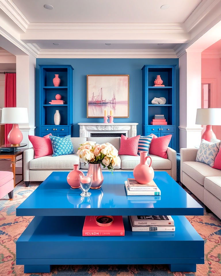 blue coffee table with pink decorative objects