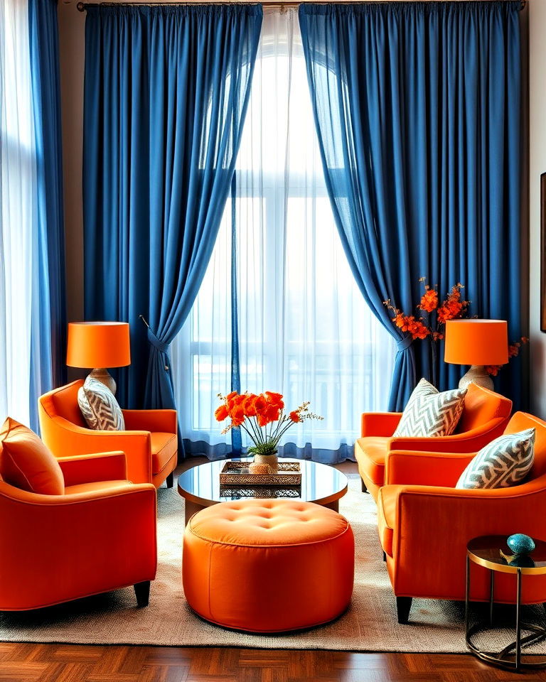 blue curtains with orange furniture accents