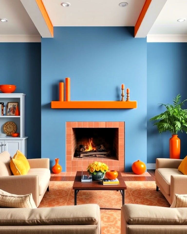 blue fireplace with orange accents