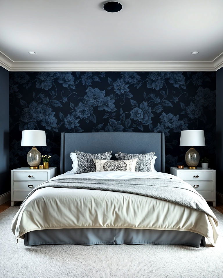 blue floral wallpaper accent bedroom