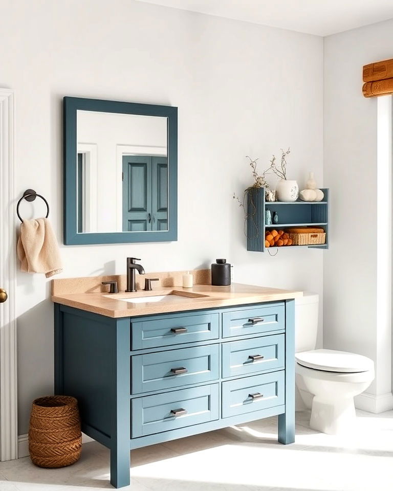 blue green vanity with natural stone countertop