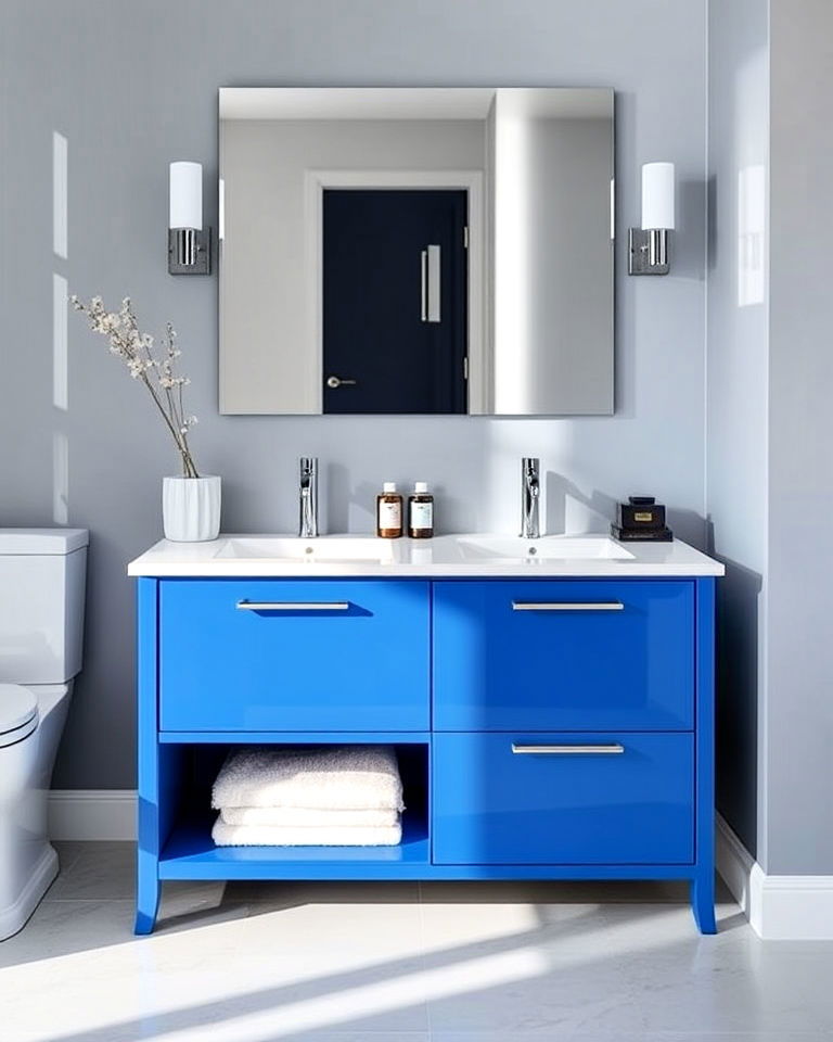 blue lacquered vanity with glossy finish