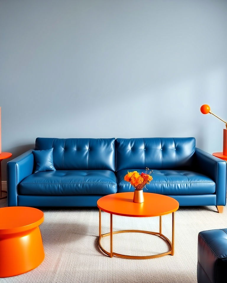 blue leather sofa with orange side tables