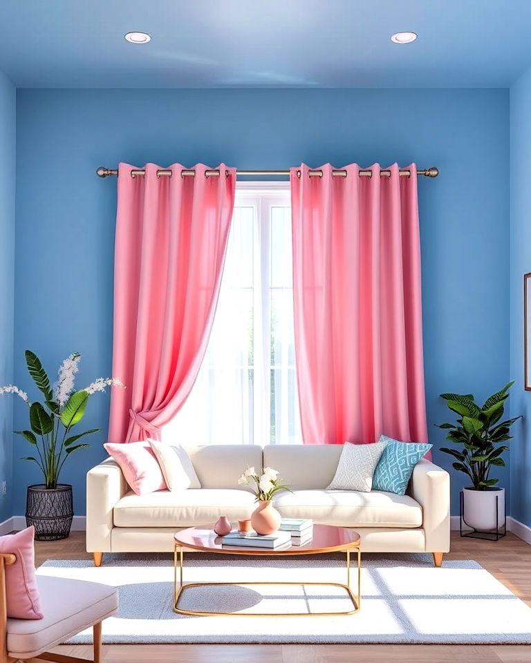 blue living room walls with pink curtains