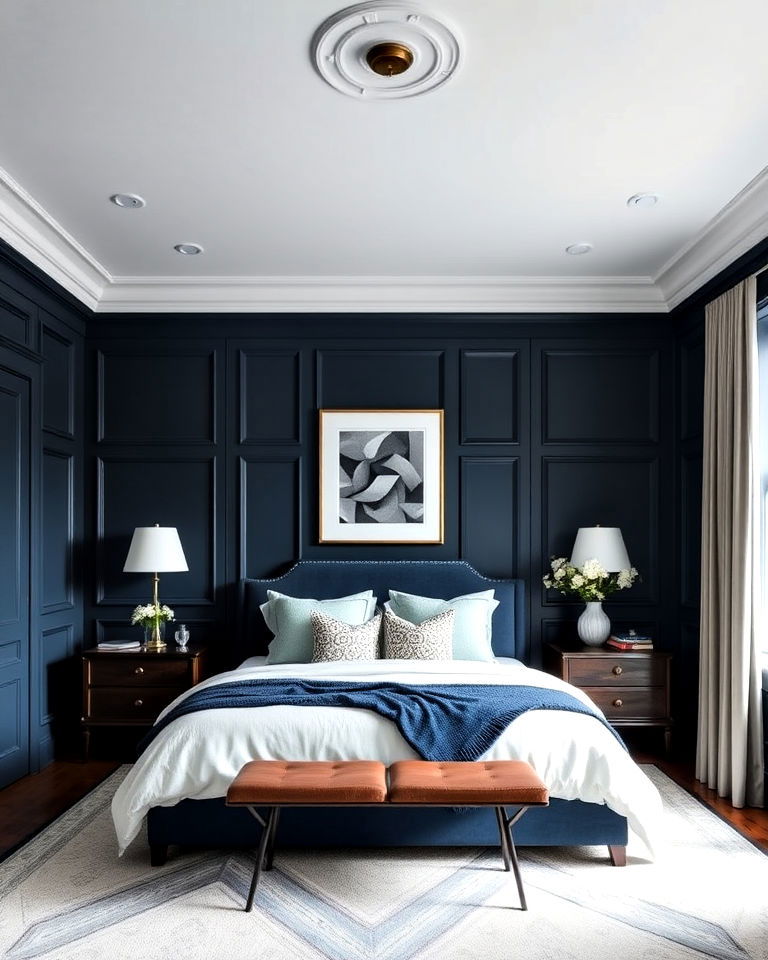 blue paneling bedroom for a classic look