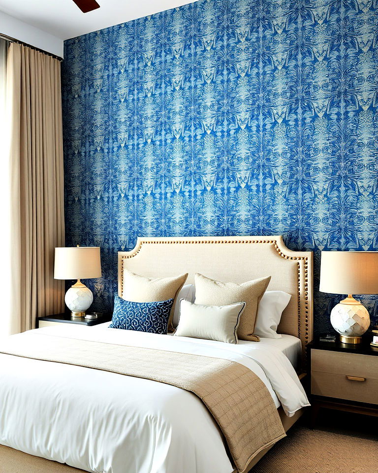 blue patterned wallpaper with neutral bedroom accents