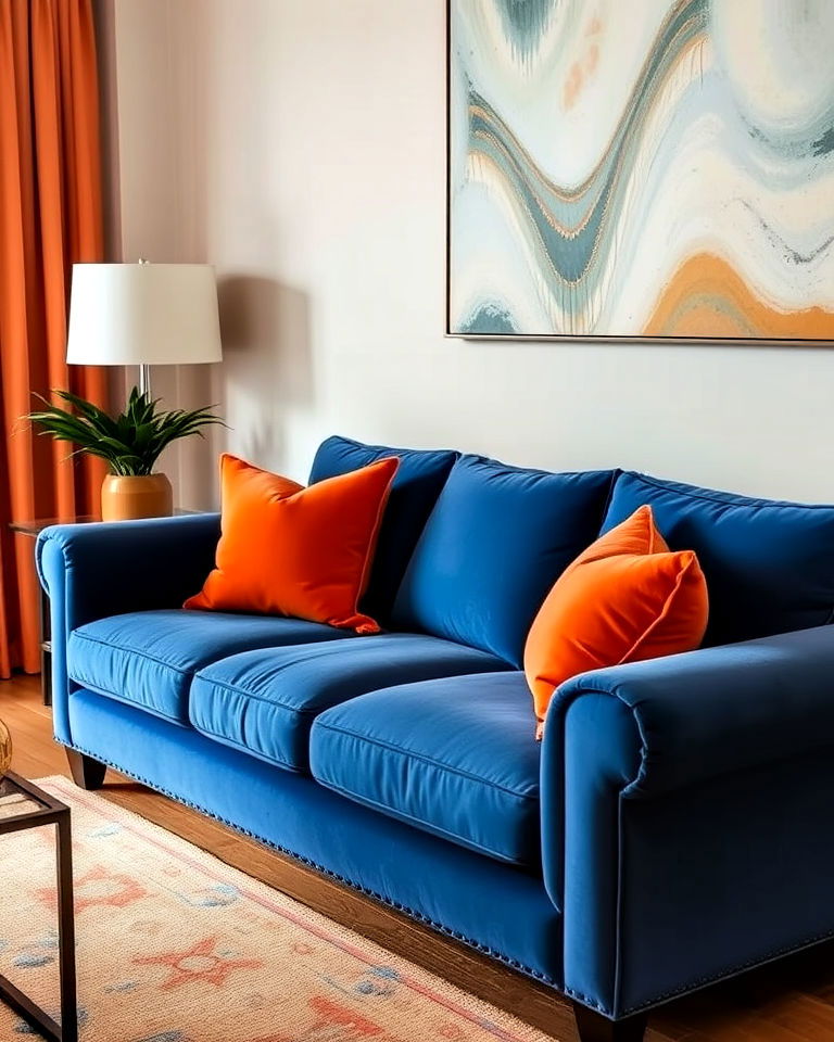 blue sofa with orange throw pillows