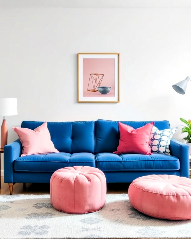 blue sofa with pink pouf