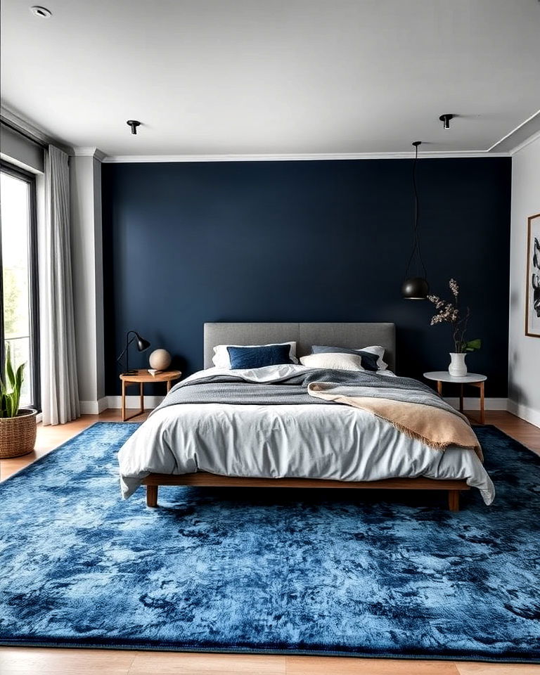 blue toned bedroom rug with minimalist decor
