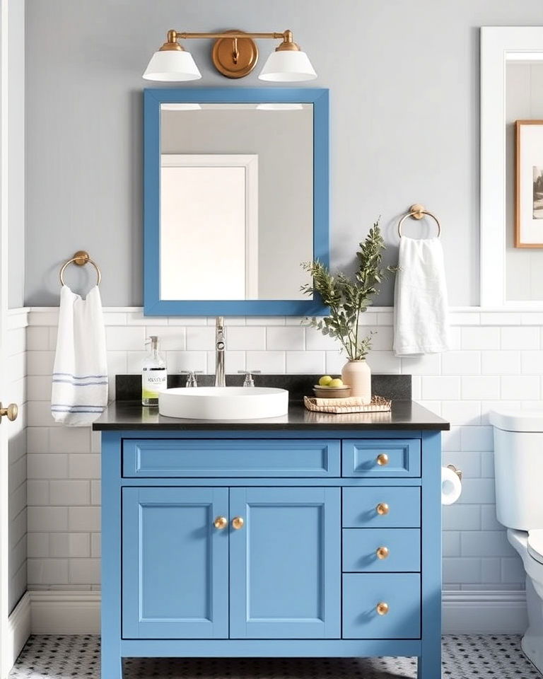 blue vanity with built in storage bathroom