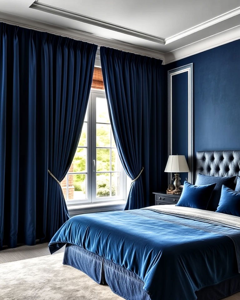 blue velvet curtains with matching pillows to enhance bedroom