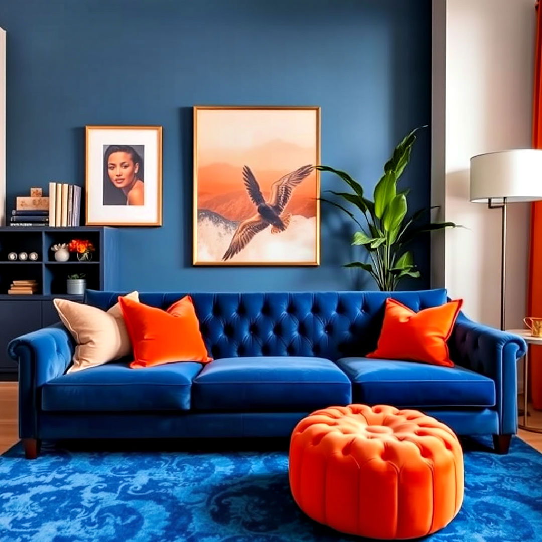 blue velvet sofa with orange pouf