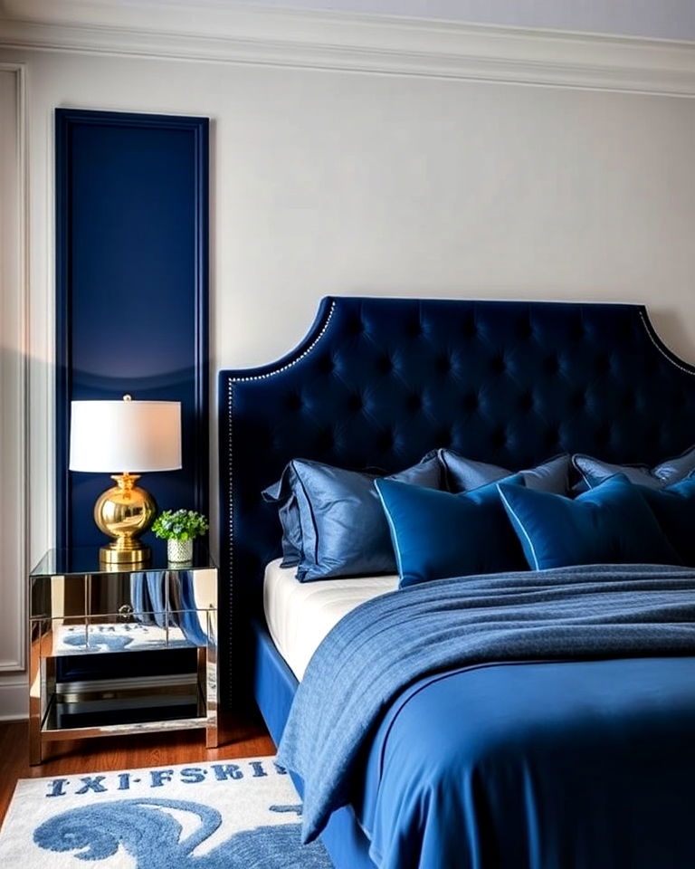 blue velvet upholstered headboard
