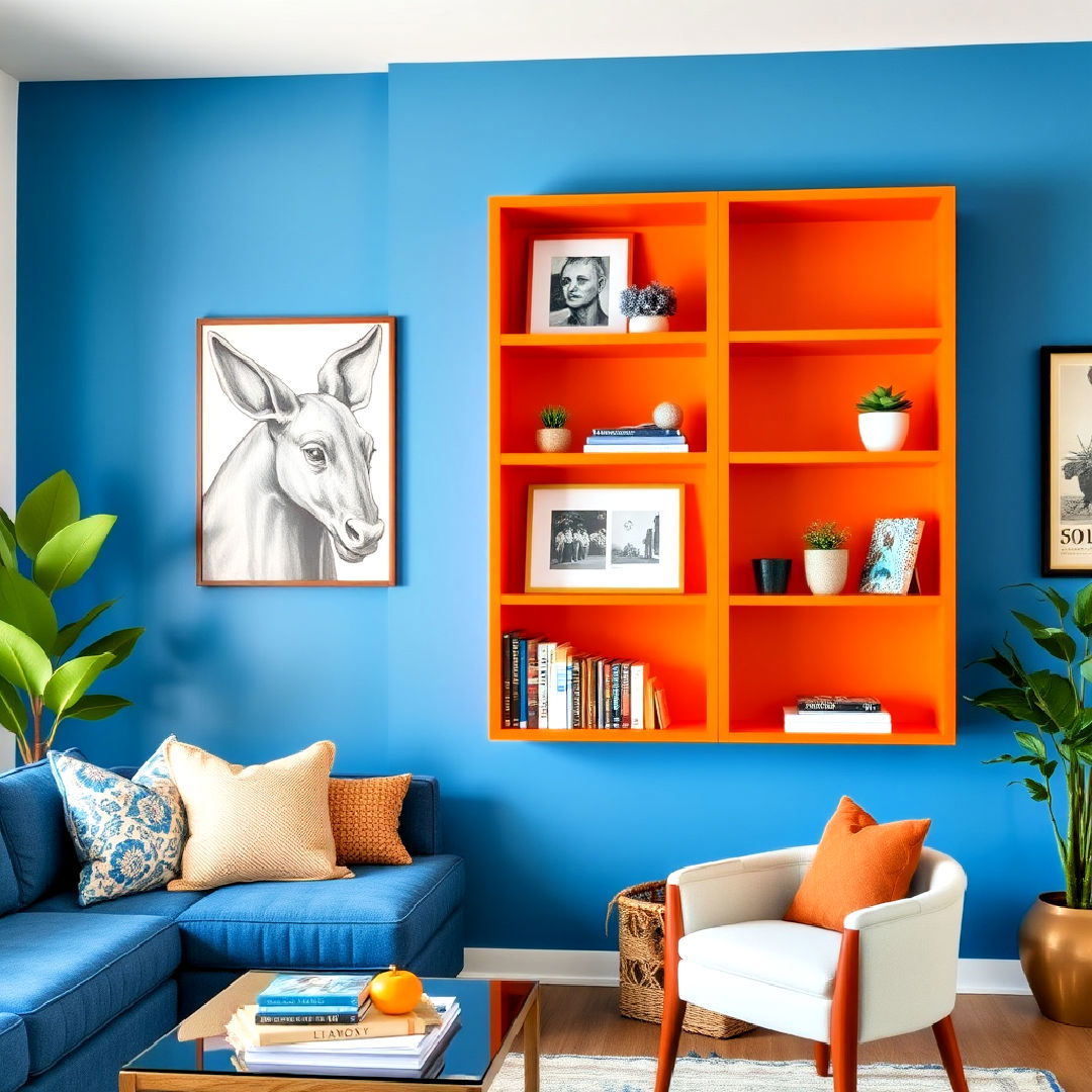 blue walls with orange shelves for living room