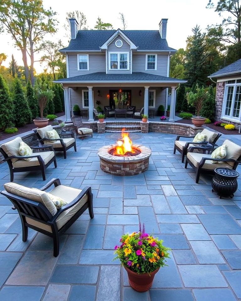 bluestone patio with fire pit centerpiece
