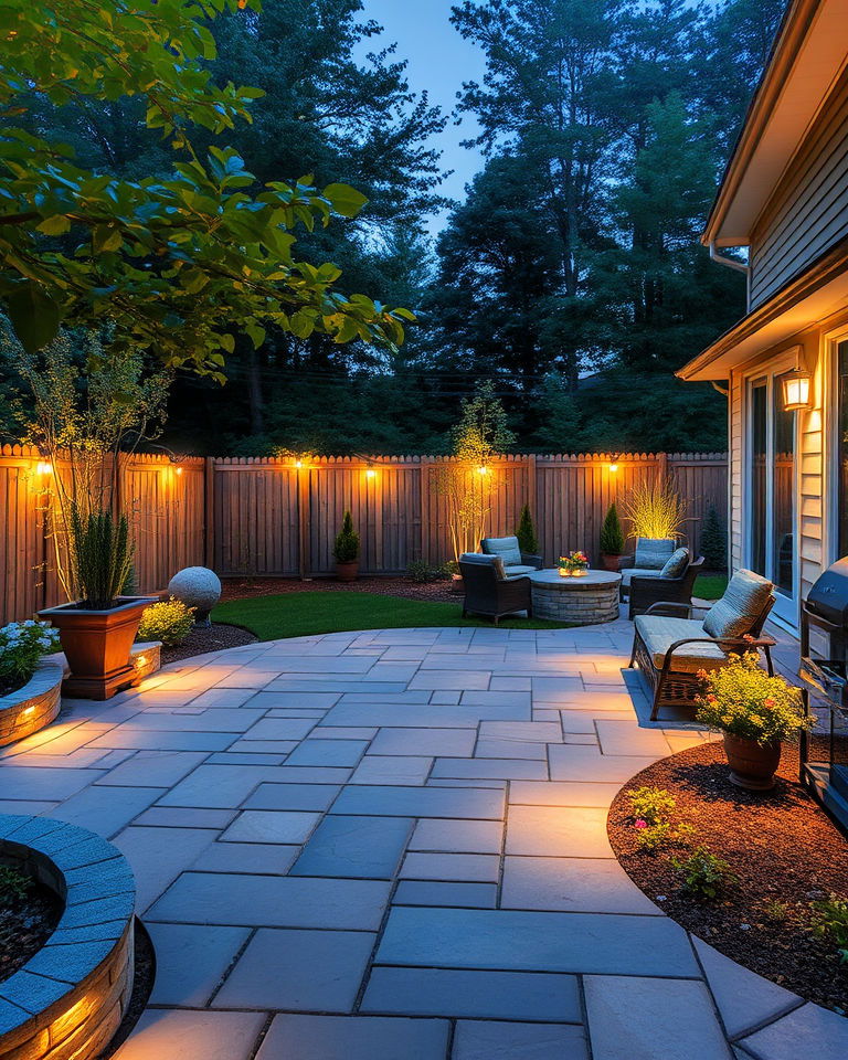 bluestone patio with outdoor lighting