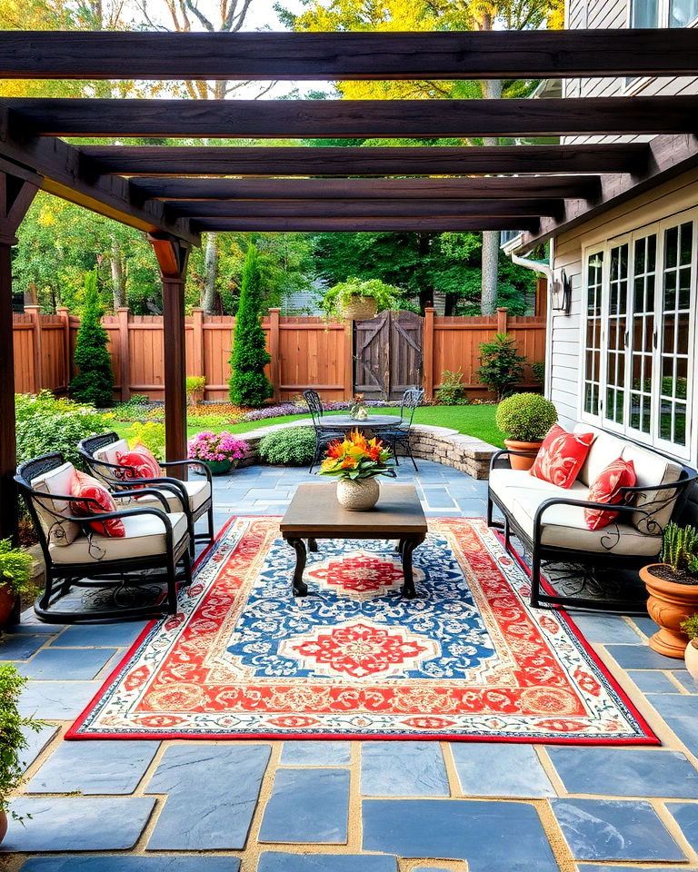 bluestone patio with outdoor rugs