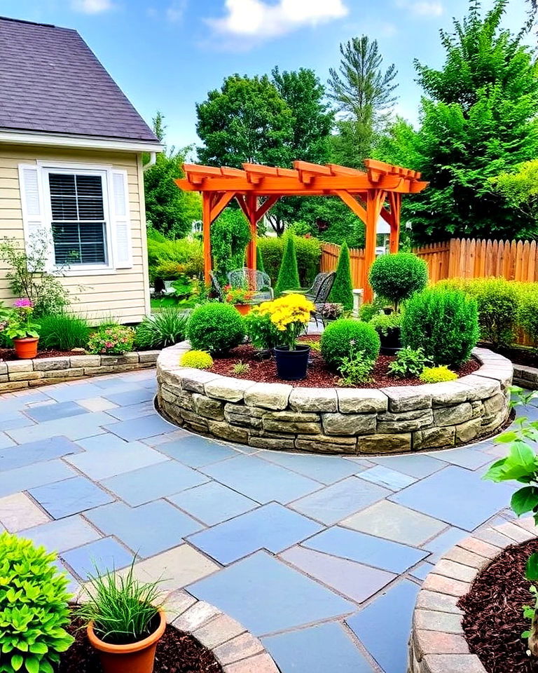 bluestone patio with raised garden bed