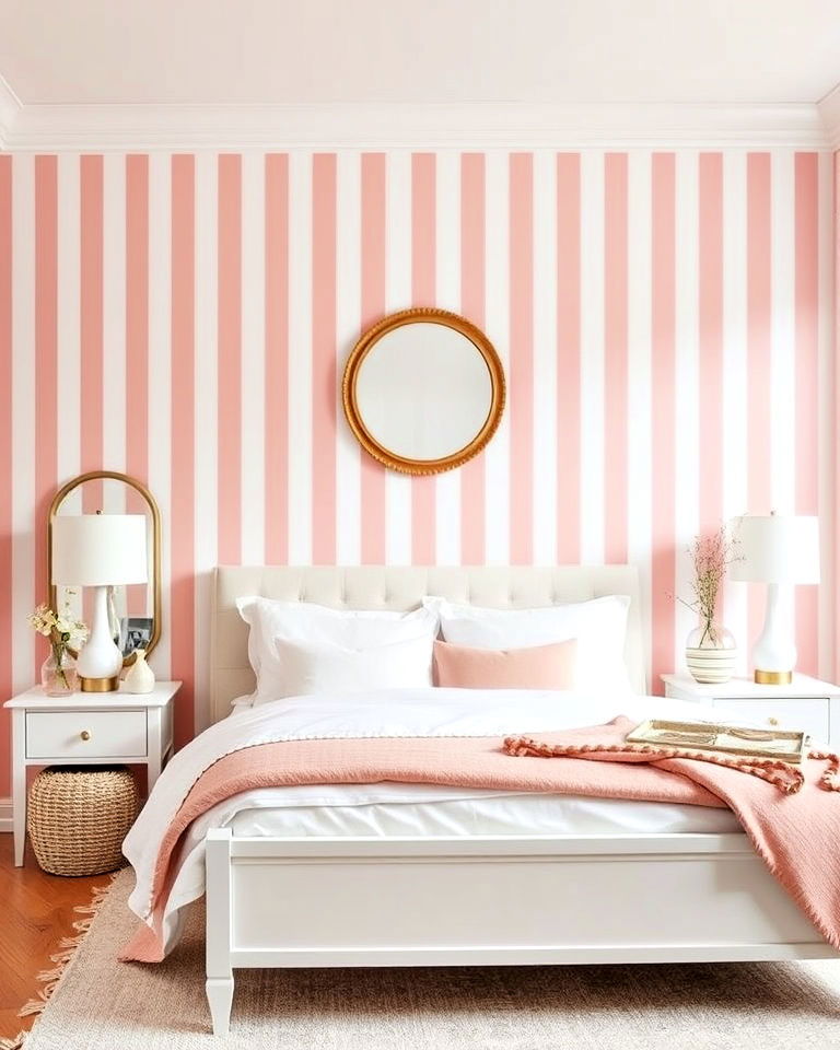 blush pink and white striped bedroom wallpaper