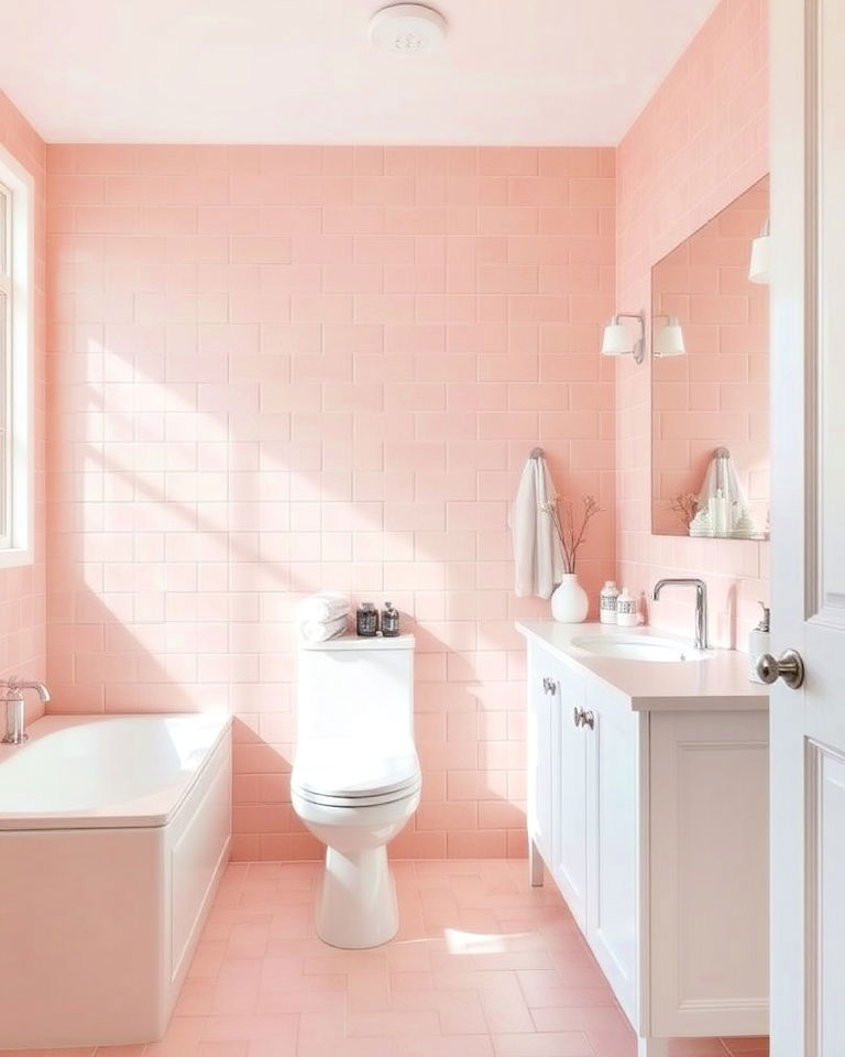 blush pink bathroom tiles with white accents