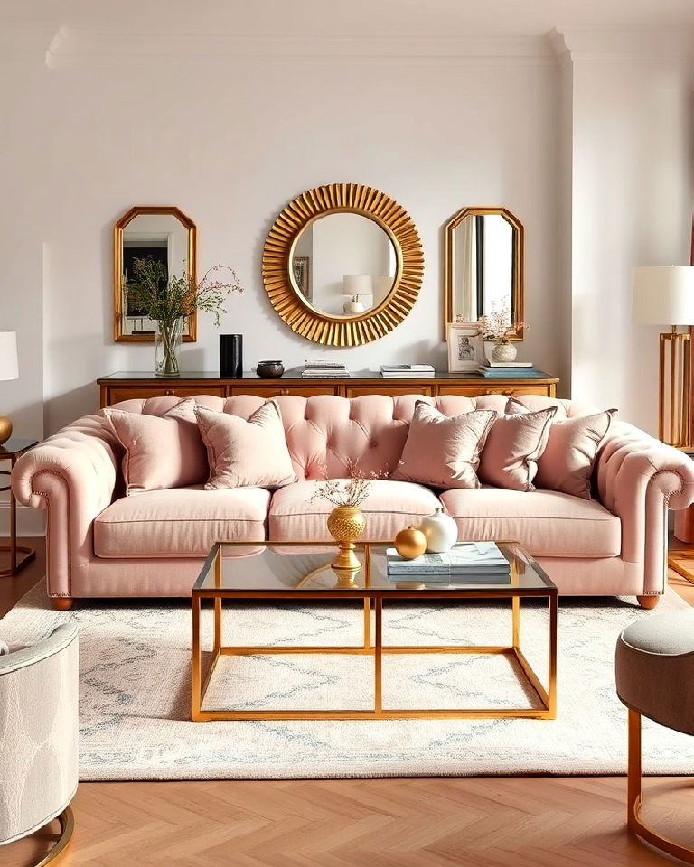 blush pink couch with gold accents living room
