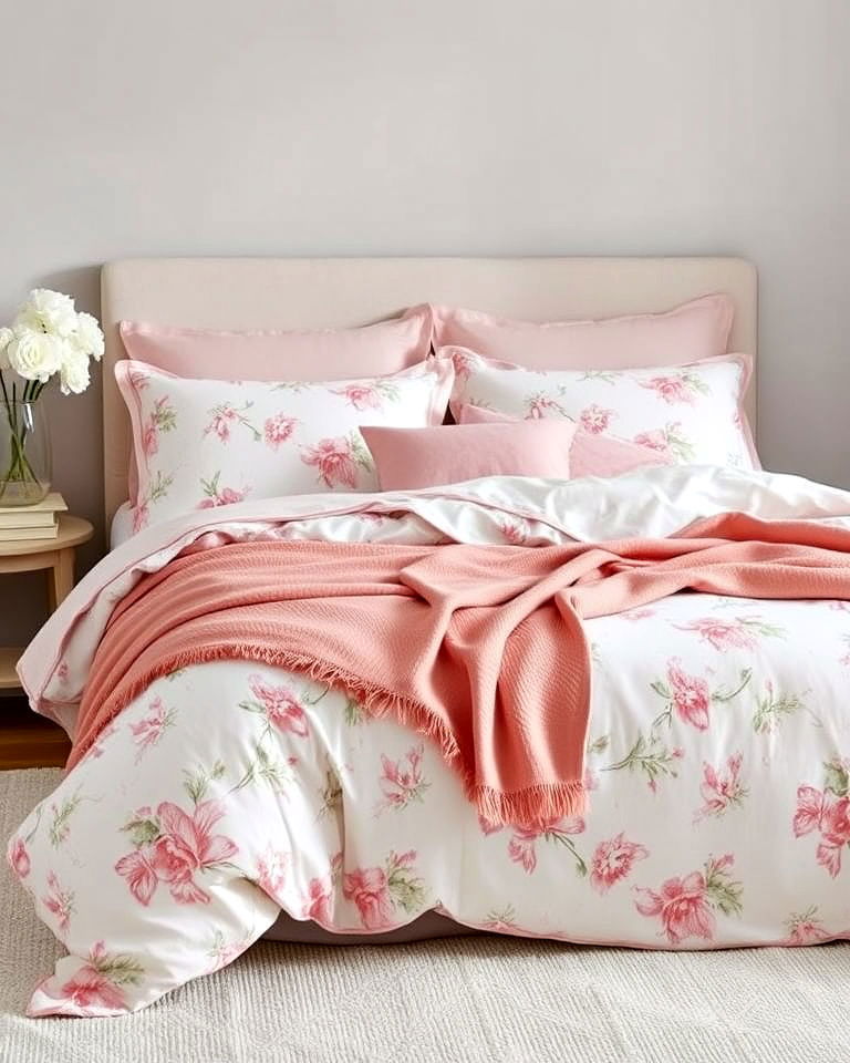 blush pink floral bedding for a feminine touch