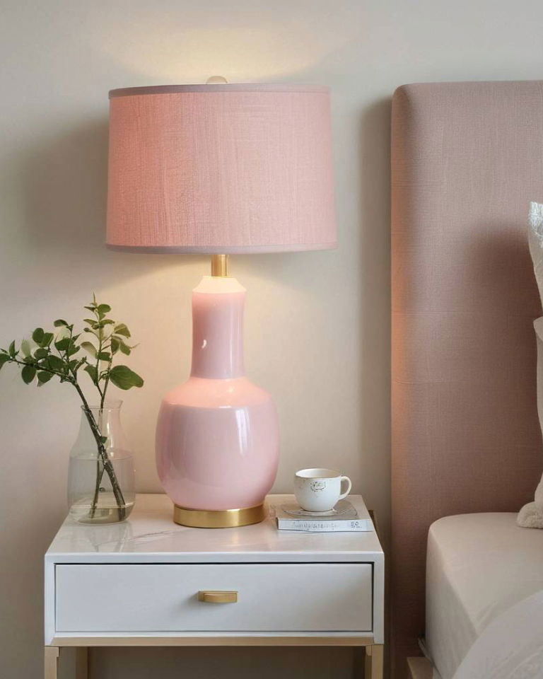 blush pink lampshade for subtle bedroom lighting