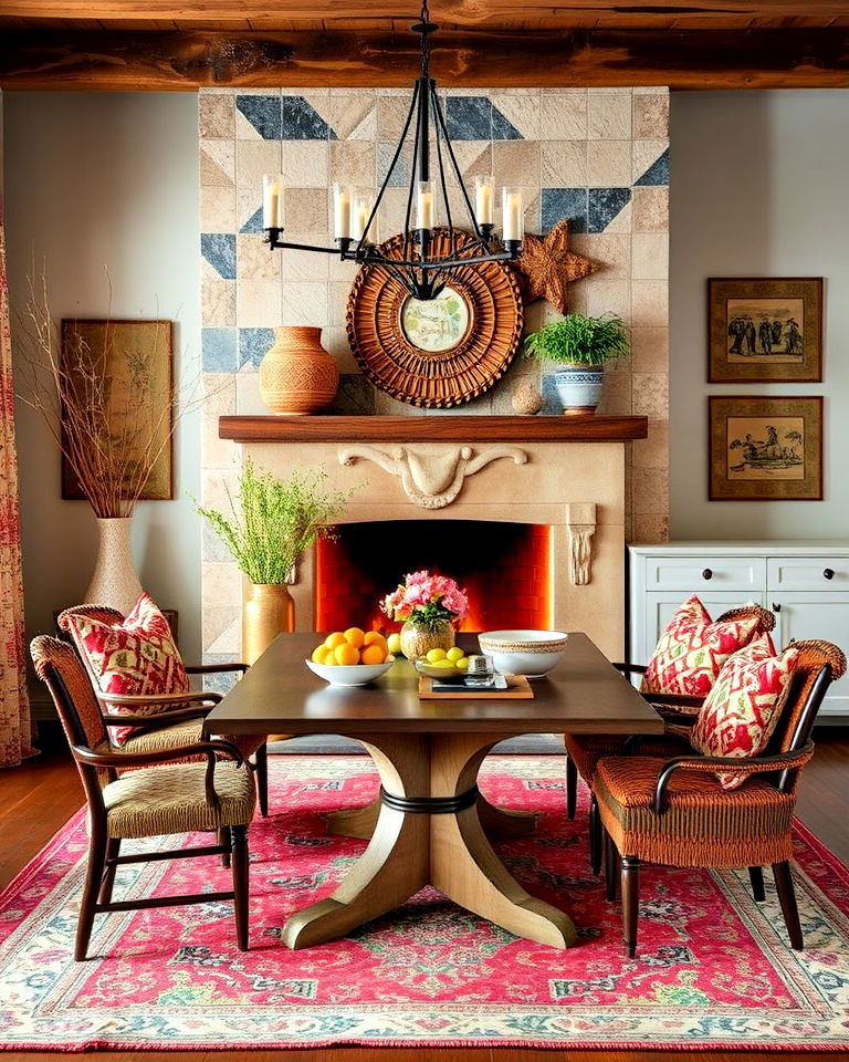 bohemian dining room with fireplace and layered textures