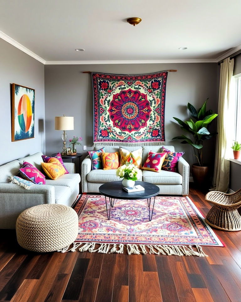 bohemian inspired grey living room with dark wood floor