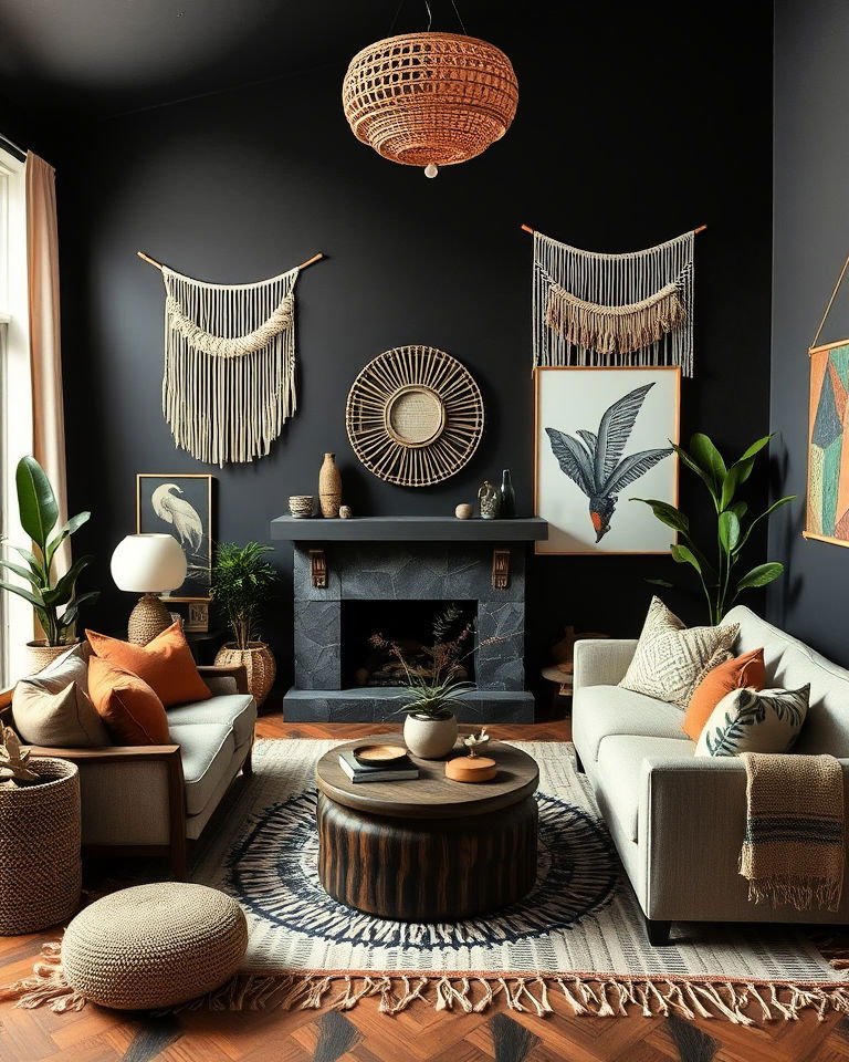 bohemian living room with dark grey and earthy hues