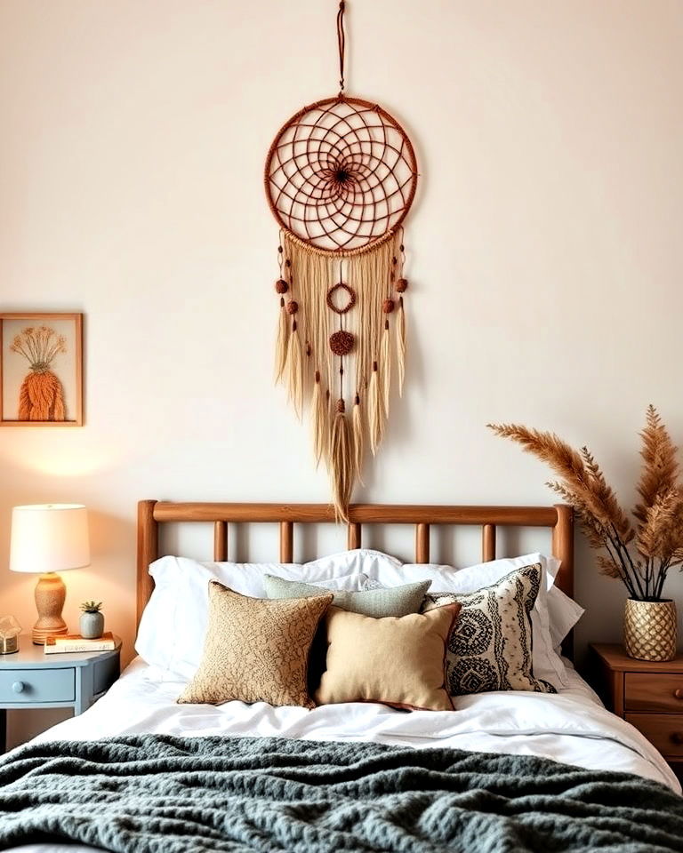 bohemian style dream catcher above bed