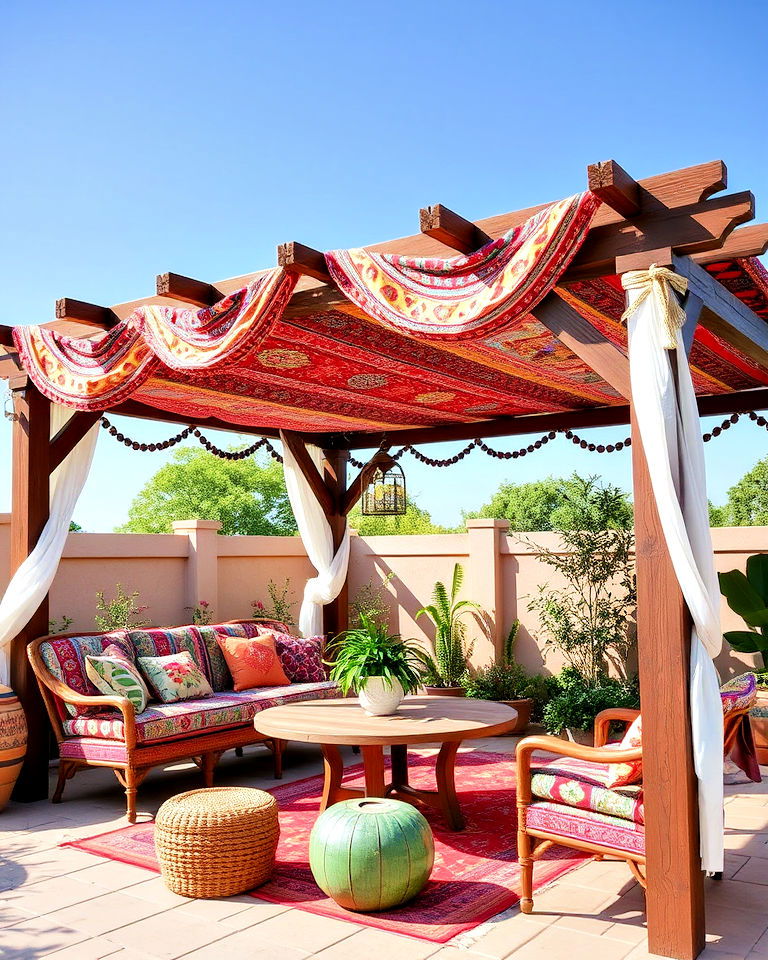 bohemian style pergola with colorful fabrics