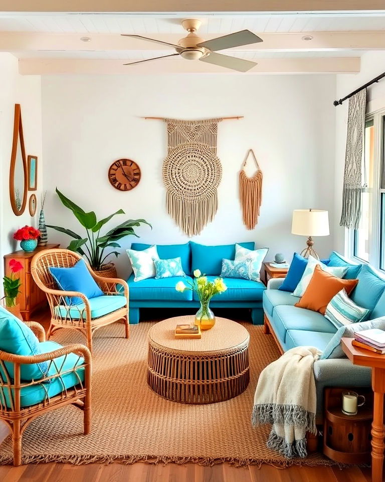 boho inspired eclectic beach house living room