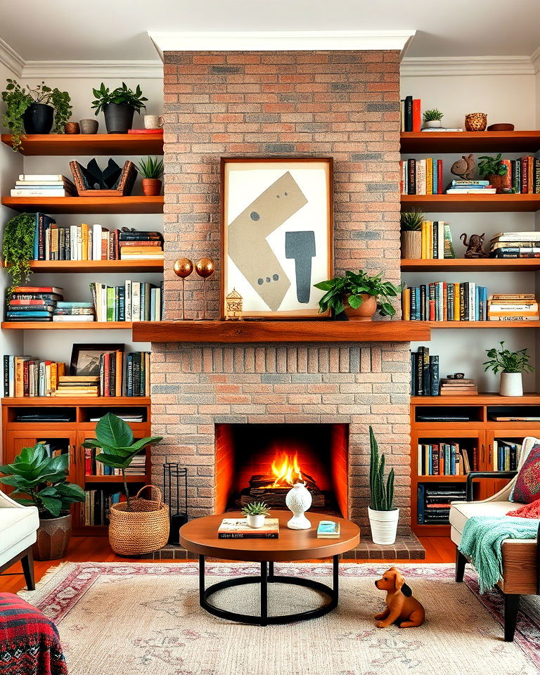 boho style open shelving around fireplace