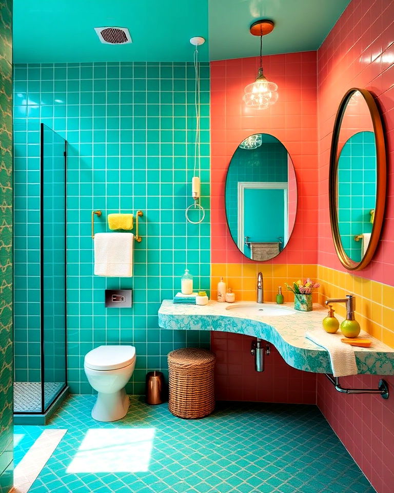 bold and colorful pool bathroom