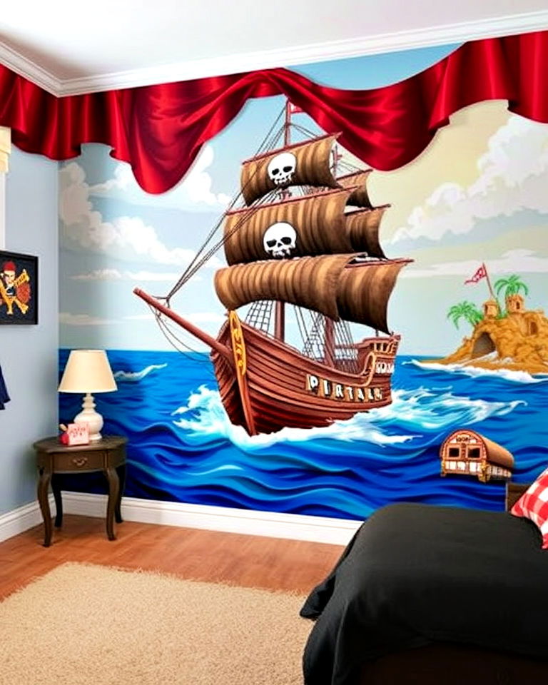 bold and creative pirate themed bedroom mural