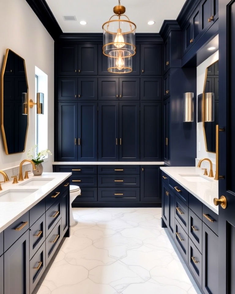 bold and elegant navy blue bathroom cabinets