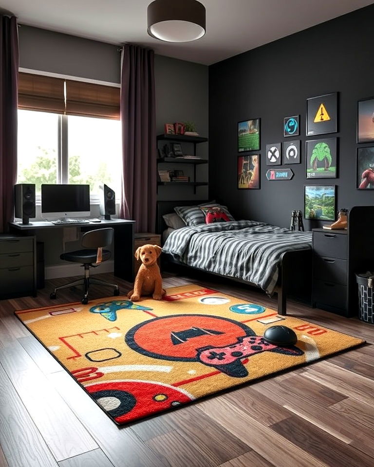 bold and soft gaming themed bedroom rug