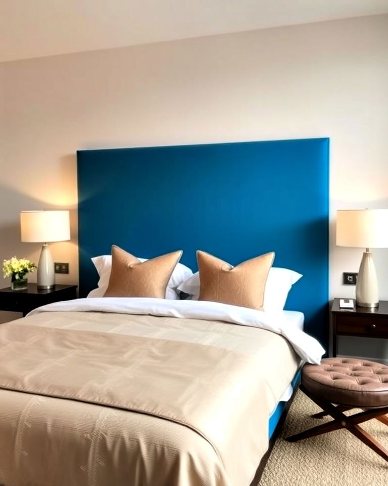 bold blue headboard with chic beige pillows