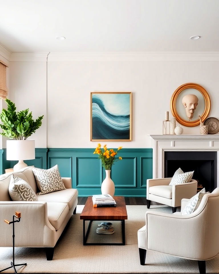 bold colored living room wainscoting