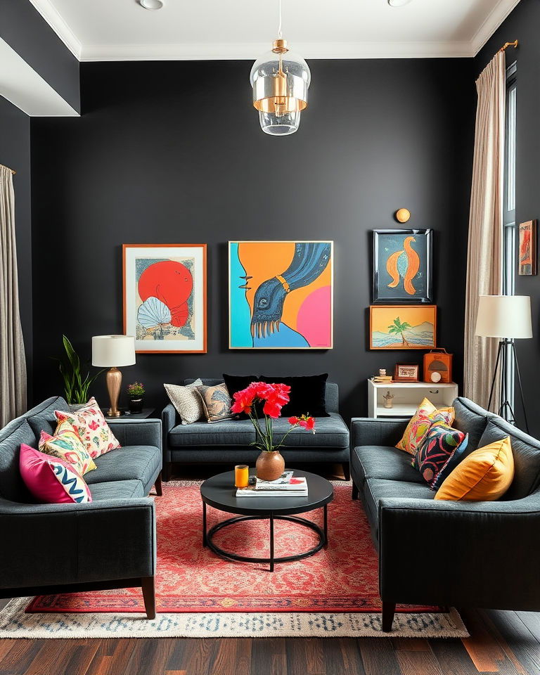 bold eclectic living room with colorful decor