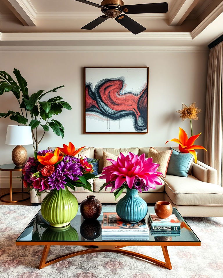 bold floral arrangements for maximalist living room