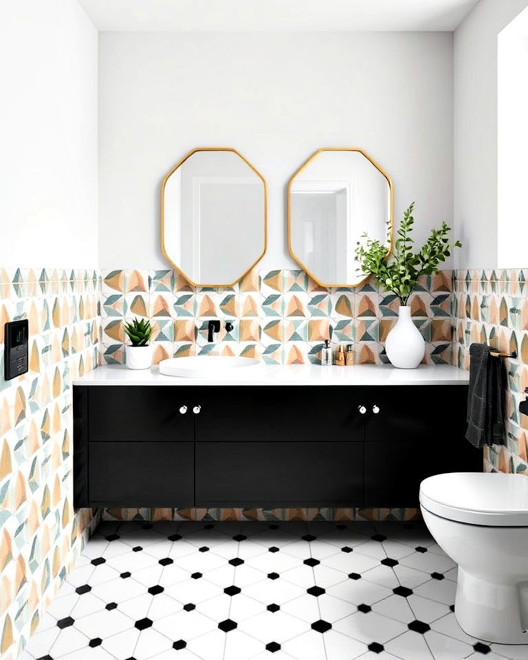 bold geometric patterned half wall tiles