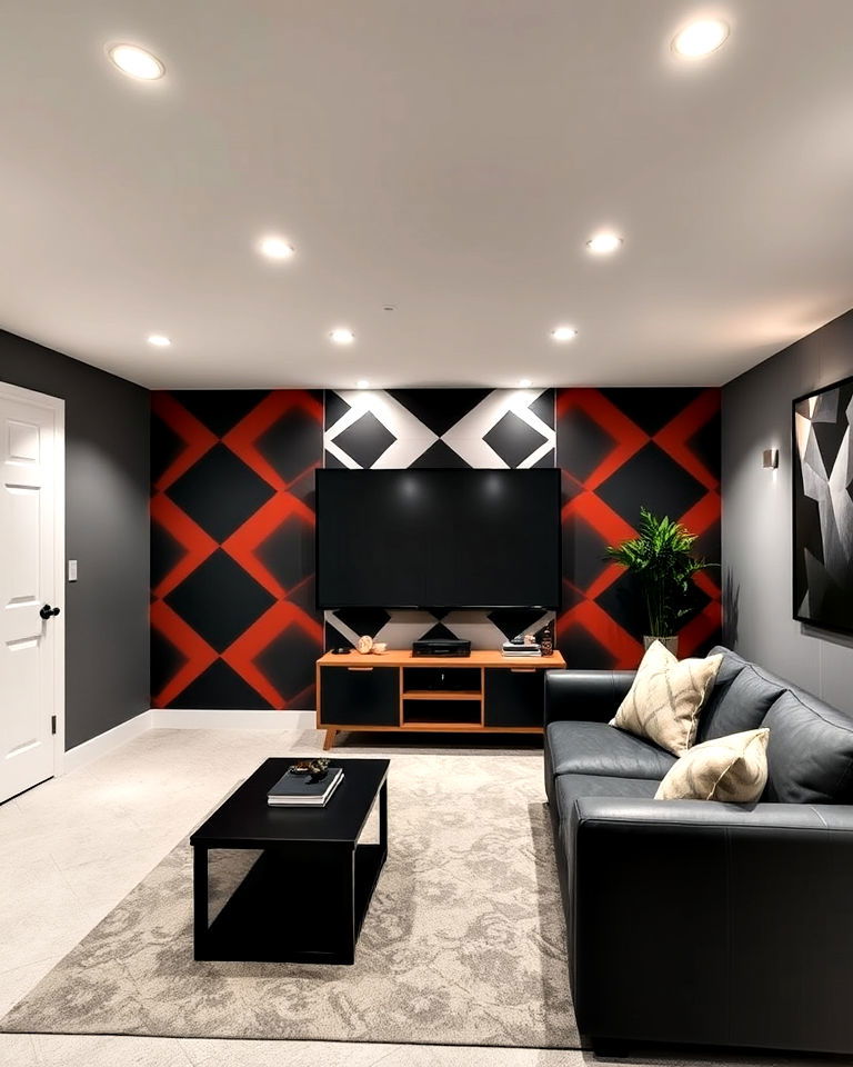bold geometric patterns basement accent wall