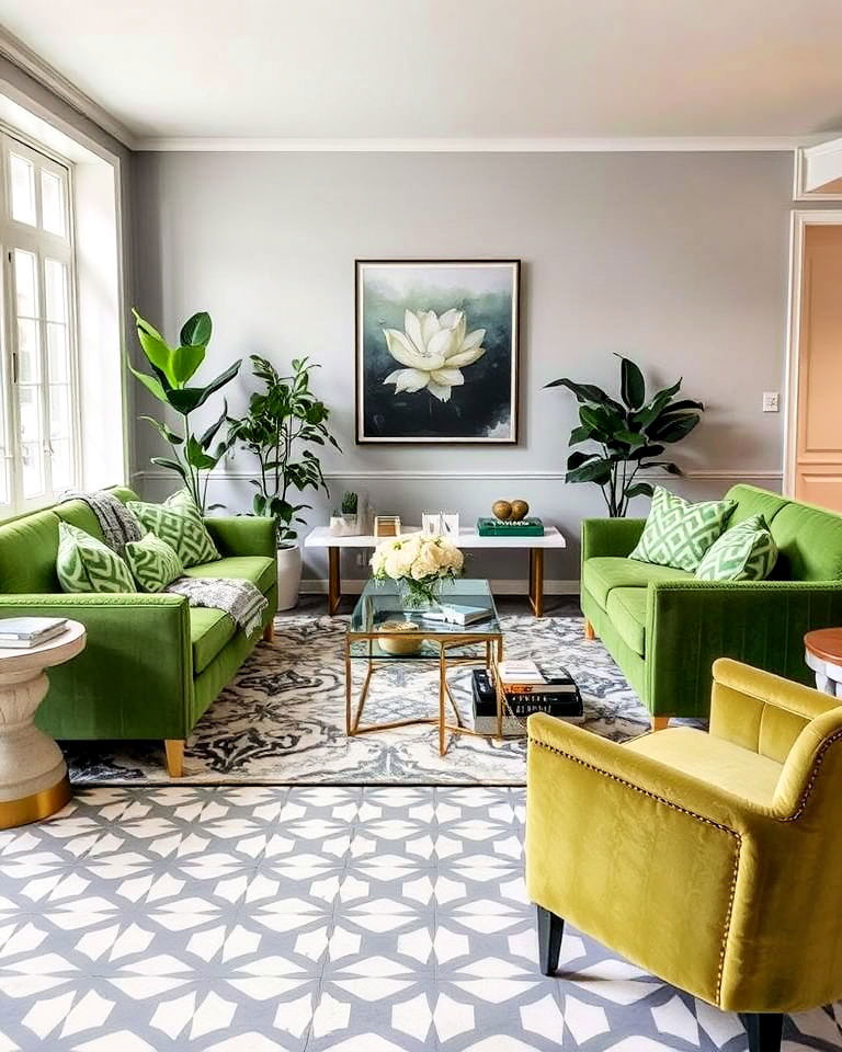bold green and grey living room with patterned floors