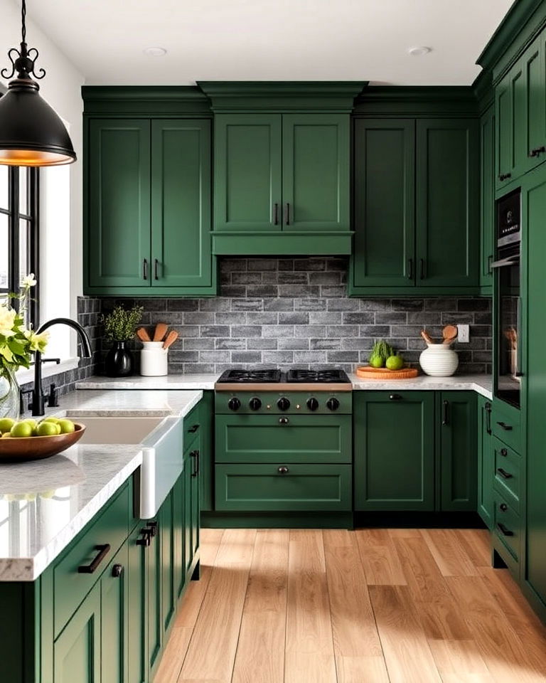 bold green cabinets with black hardware for kitchen