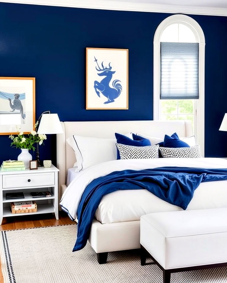 bold high contrast indigo and white bedroom