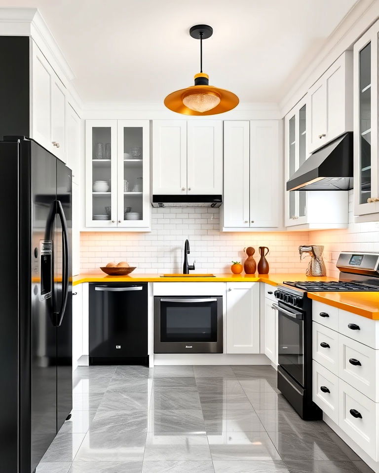 bold light fixtures with black appliances and