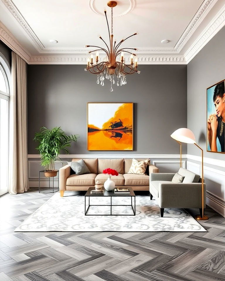 bold lighting fixture to complement a grey living room floors